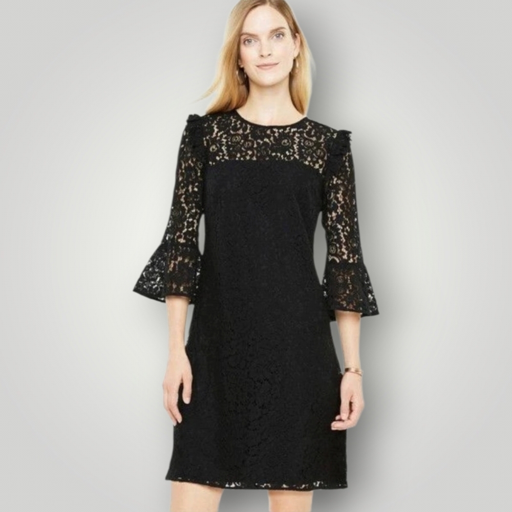 Ann Taylor Black Lace Illusion‎ Shift Dress 4 Bell Sleeve Ruffle Shoulder New